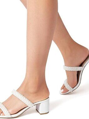 Women's White-Pearl Faux Leather Summer Open Toe Slip On Chunky Low Heel Pumps